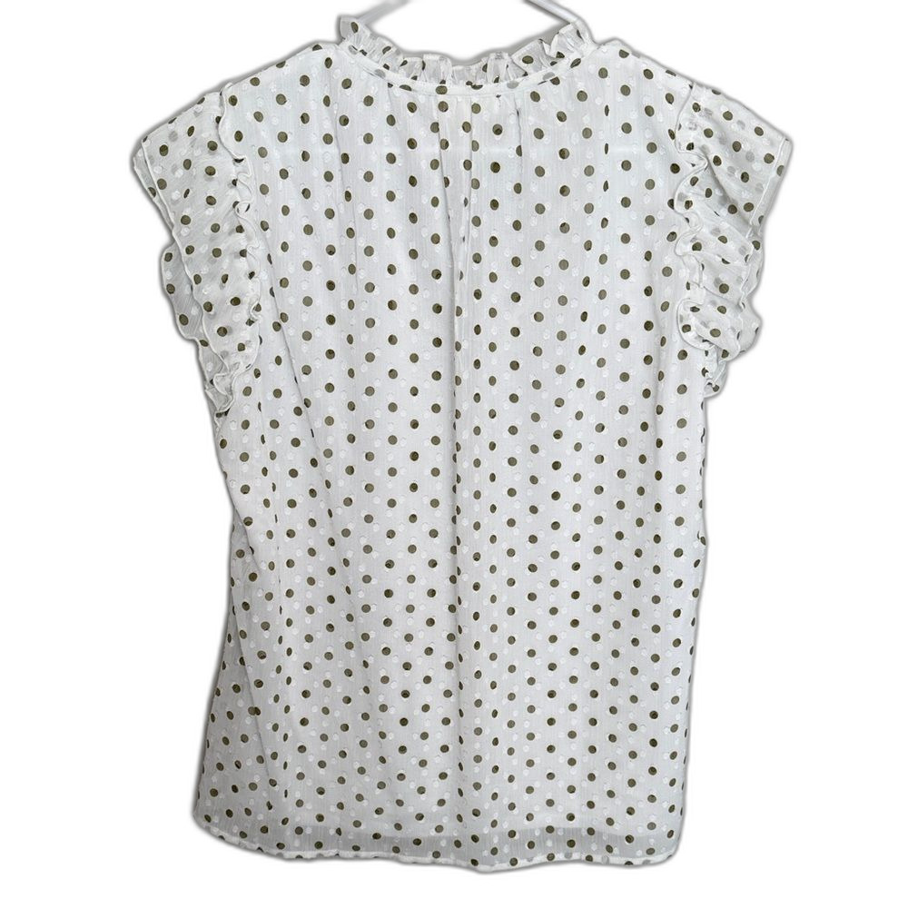 Tamara H Tie-Neck White and Olive Polka Dot Ruffle Sleeveless Blouse. Size Large - Picture 5 of 5